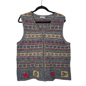 Vintage Large Zip-Up Knit Sweater Vest Teacher Apple Embroidered Folk Pattern